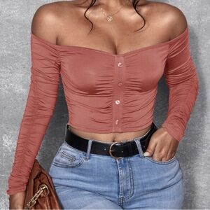 Women's Off-Shoulder Long sleeved Button Top with side shirring- Mauve Pink